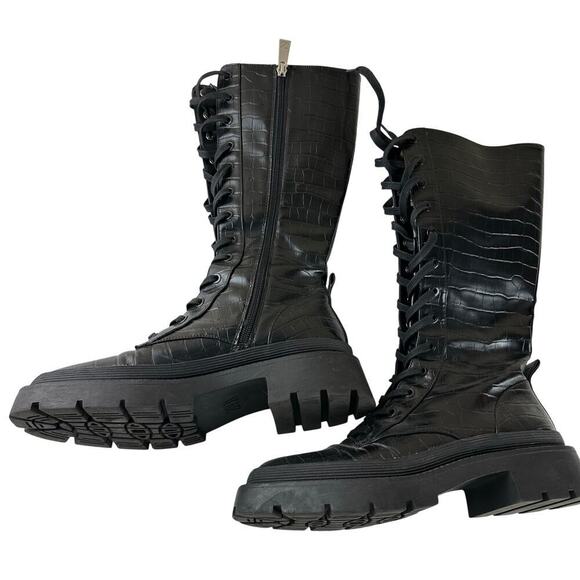 Zara Shoes - ZARA Black Croc-Embossed Platform Combat Boots Lug Sole Lace-Up Zip EU 39